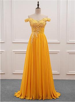 Picture of Pretty Yellow Off Shoulder Long Party Dresses, Sweetheart Formal Dresses